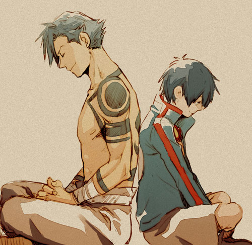 Kamina and Simon from Gurren Lagann; no idea who drew this, sorry!