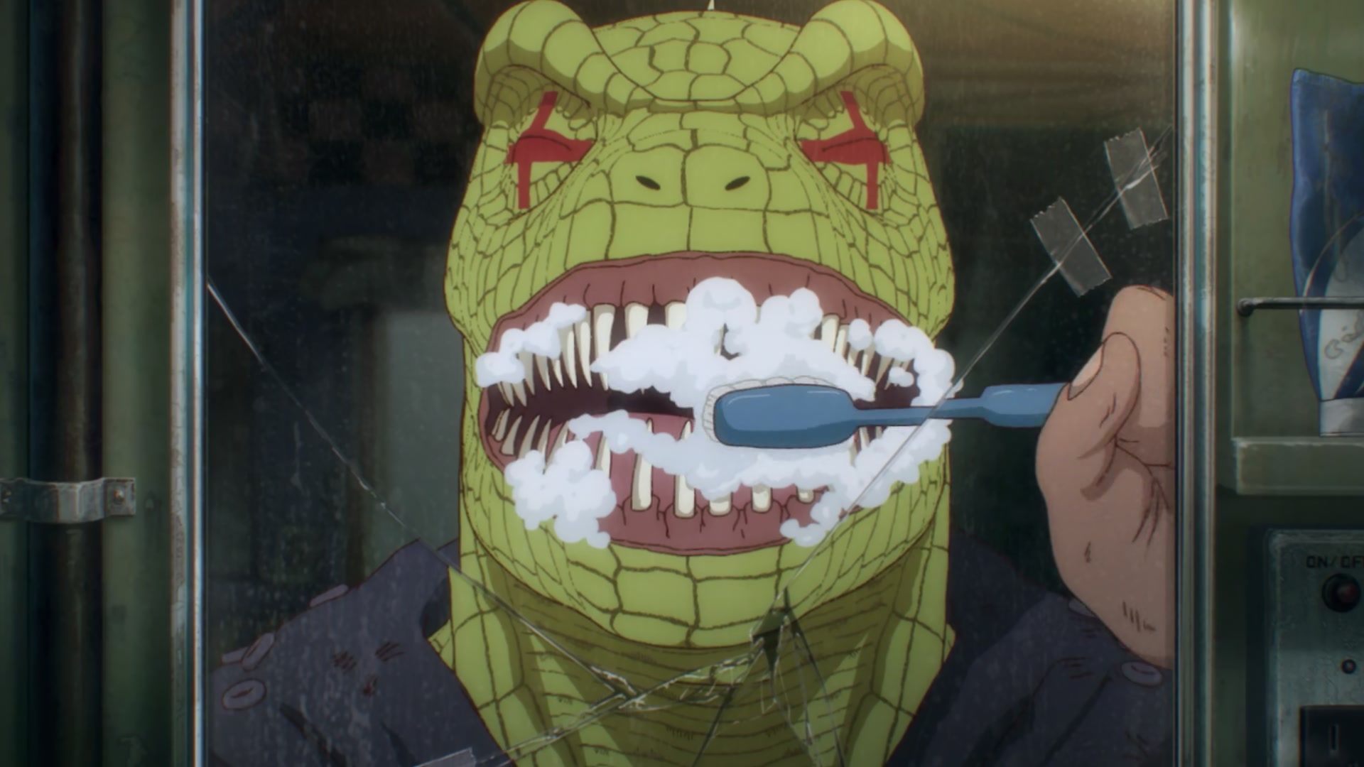 Caiman brushing his teeth